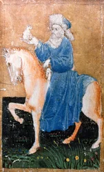 Mężczyzna na koniu trzymający małego psa, jedna z zestawu kart do gry przedstawiających sceny dworskiego wędrowania, okolice Górnego Renu, ok. 1440-45 (pióro i tusz, wc) (zob. także 87698, 88300-01 i 88303-04)